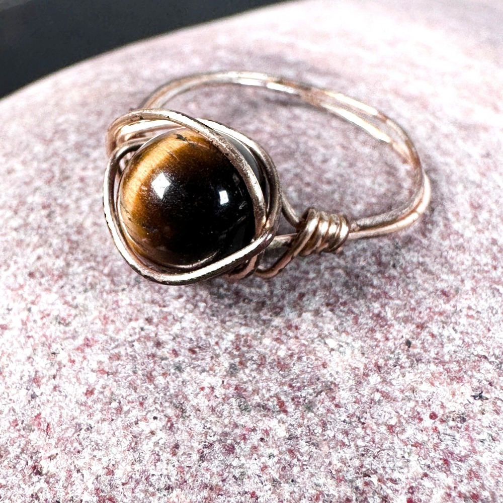 Wire Wrapped Tiger's Eye Ring Size‎ 8 Gold Tone Natural Stone Southwestern